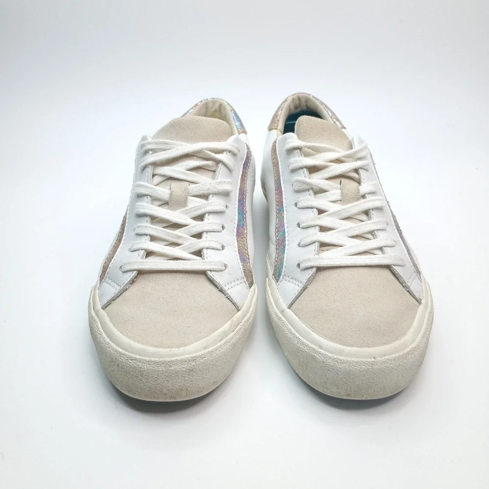 Madewell Sidewalk Low Top Sneakers White Leather Iridescent Glitter MB856 Sz 7.5